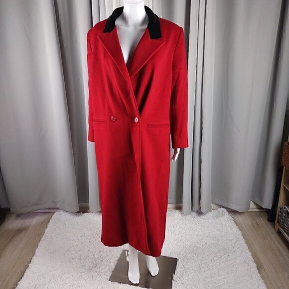 Harvé Benard Women's Pea Coat Red & Black 100% Wool Full Length Coat Size 8 - Picture 1 of 13